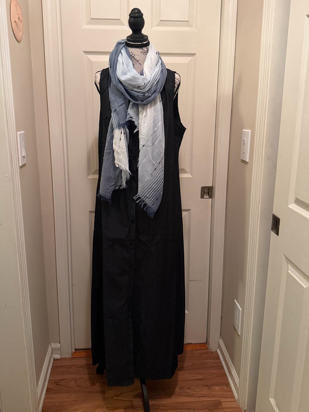 Sleeveless Black Button-Front Maxi Dress-Denim Pattern-Lightweight